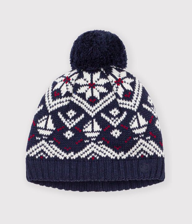 Gorro jacquard de lana y algod&oacute;n con forro polar para beb&eacute; azul/crudo/rojo