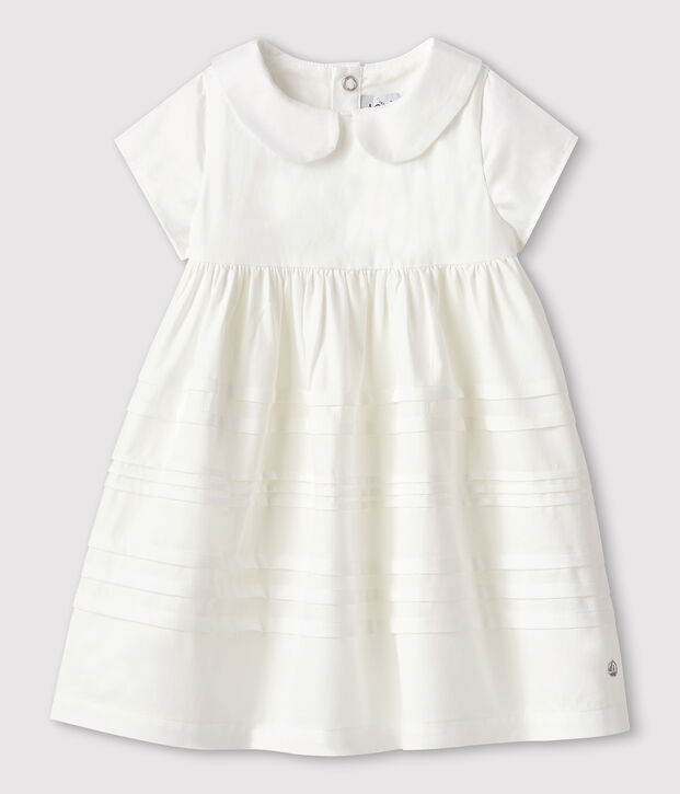 Vestido de ceremonia de sat&eacute;n de beb&eacute; ni&ntilde;a. blanco