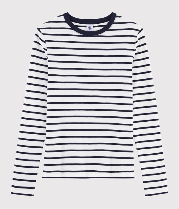 Camiseta ic&oacute;nica con cuello redondo para mujer blanco/azul