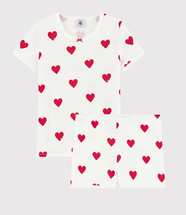 Pijama shorts de algod&oacute;n con estampado de corazones para ni&ntilde;o/a blanco/rojo