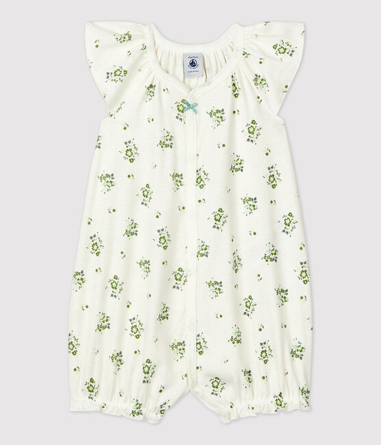 Pelele corto de lino y algodón con estampado vegetal para bebé blanco MARSHMALLOW/blanco MULTICO