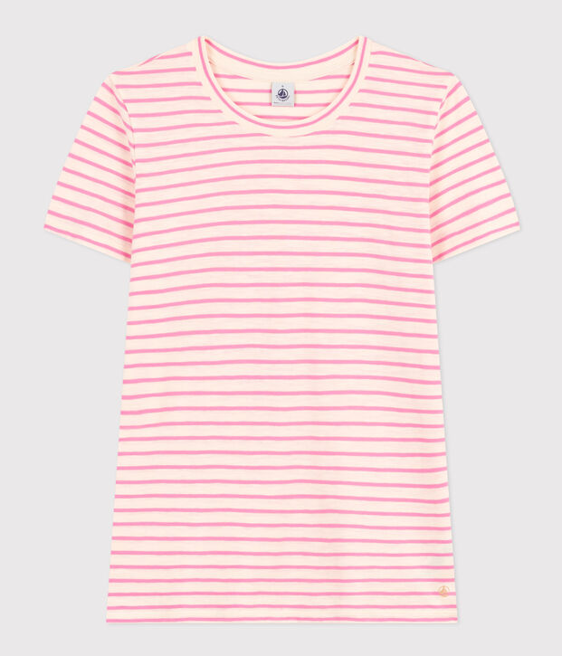 Camiseta La Recta de algod&oacute;n a rayas con cuello redondo para mujer crudo/rosa