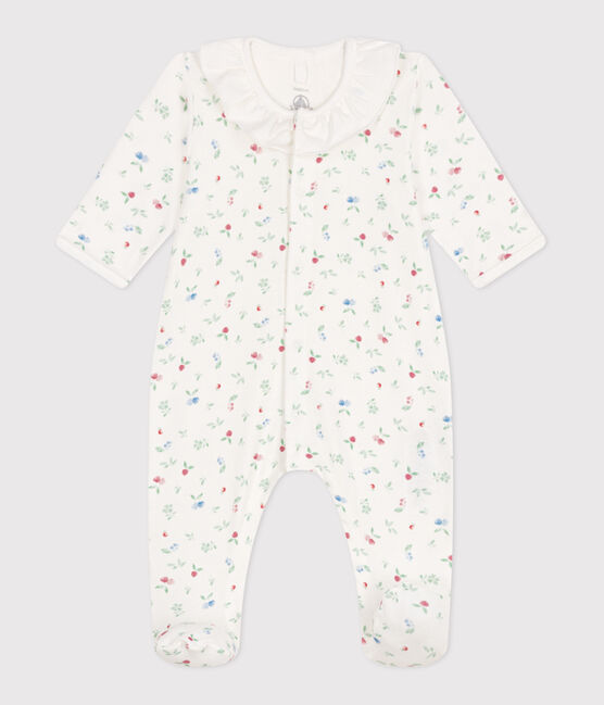 Pijama de algodón con cuello y flores para bebé blanco MARSHMALLOW/blanco MULTICO
