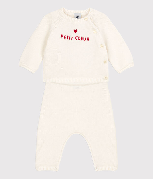Conjunto de 2 prendas de punto tricotado de lana y algod&oacute;n para beb&eacute; blanco