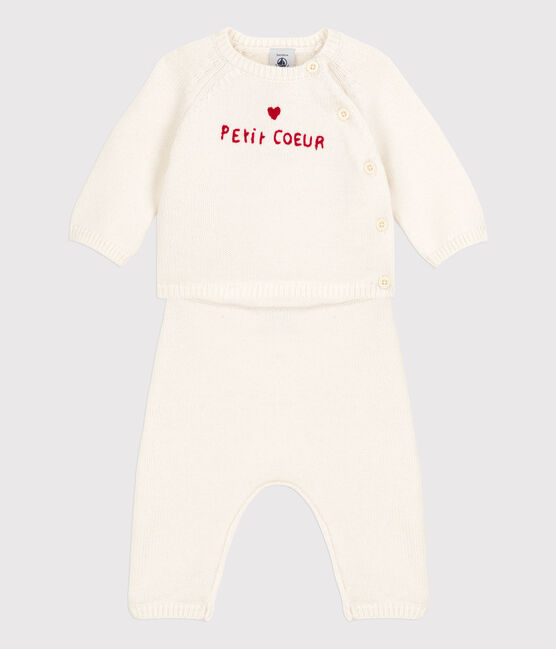 Conjunto de 2 prendas de punto tricotado de lana y algodón para bebé blanco MARSHMALLOW