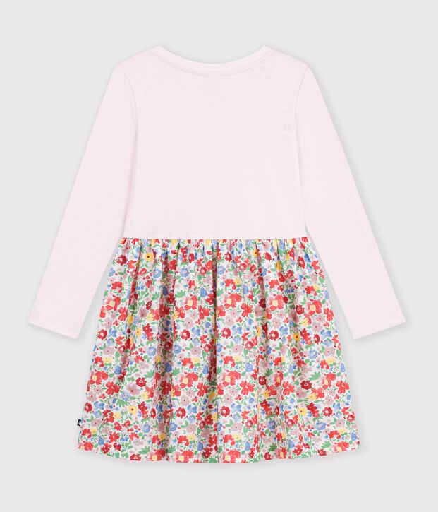 Vestido infantil de manga larga de algod&oacute;n con flores blanco/multicolor