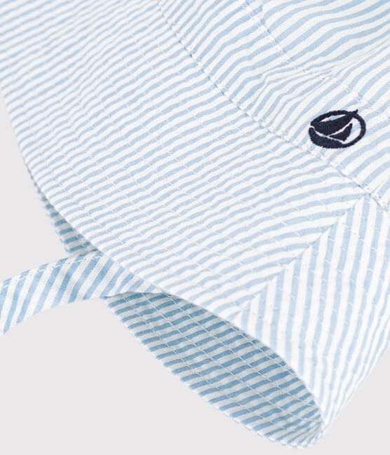 Gorro de lluvia anudable de seersucker para bebé azul FLO/ MARSHMALLOW