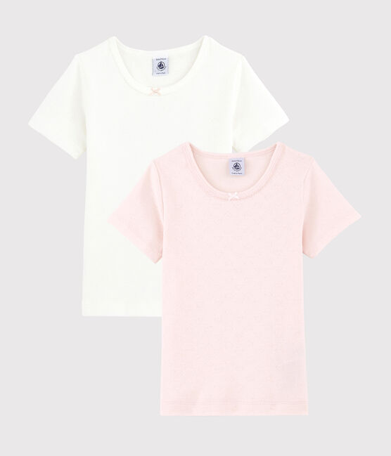 Lote de 2 camisetas de manga corta caladas color pastel de algodón ecológico de niña variante 1