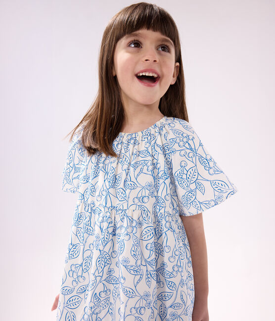 Vestido infantil de algodón estampado de manga corta azul MARSHMALLOW/ PORCELANA