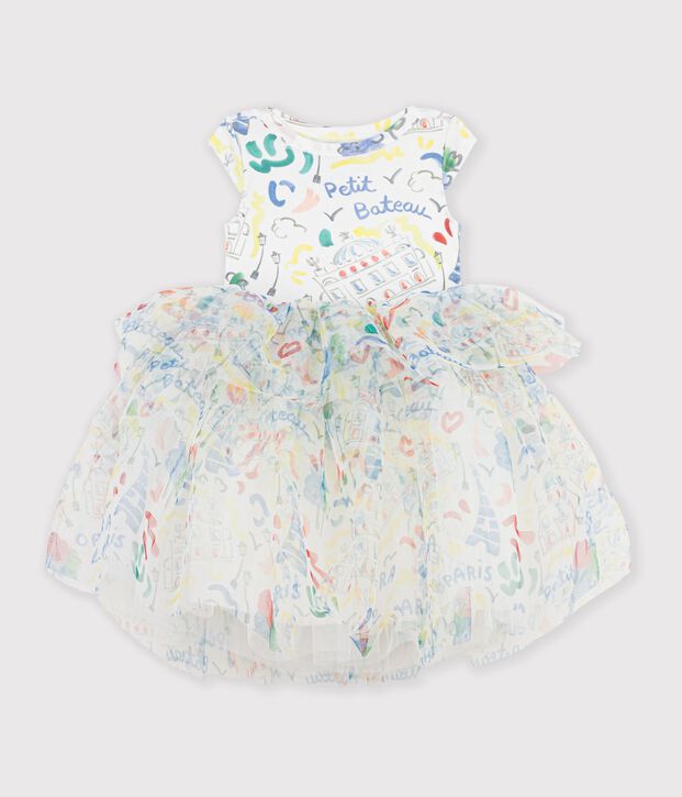 Vestido infantil de manga corta de algod&oacute;n y tul con estampado blanco/multicolor