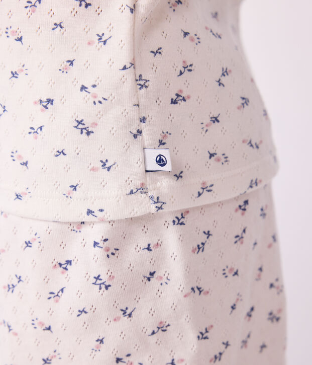 Pijama corto infantil de algod&oacute;n calado con estampado de flores blanco/multicolor