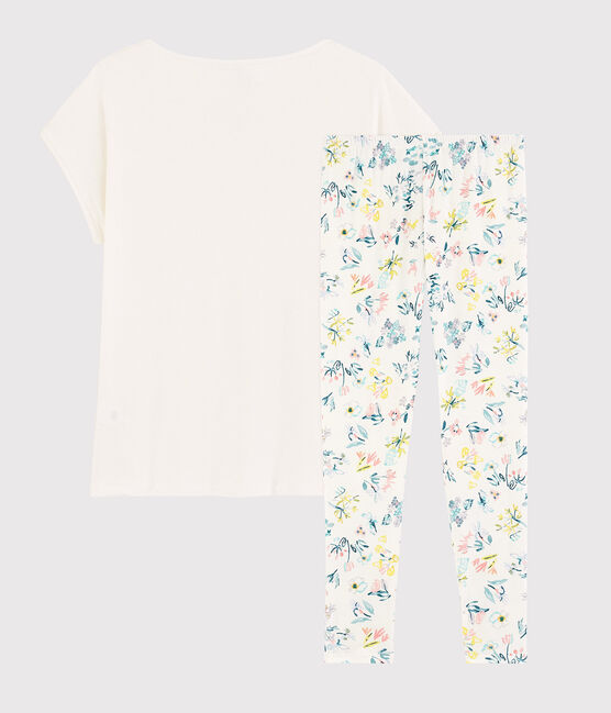Pijama de flores primaverales de chica/mujer de algodón blanco MARSHMALLOW/blanco MULTICO