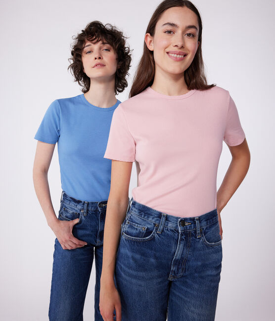 Camiseta lisa Icónica de algodón con punto «cocotte» para mujer azul ALASKA