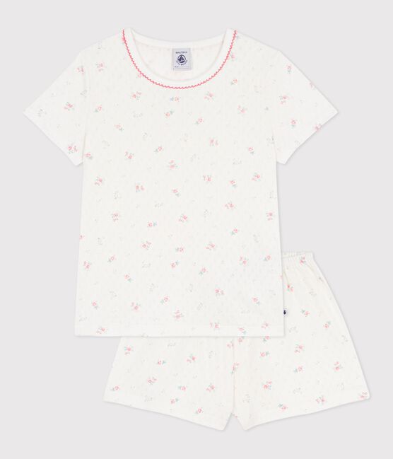 Pijama corto infantil de algodón calado con estampado de flores blanco MARSHMALLOW/blanco MULTICO