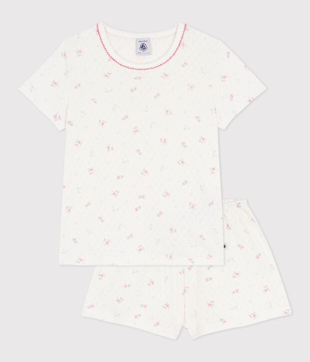 Pijama corto infantil de algod&oacute;n calado con estampado de flores blanco/multicolor