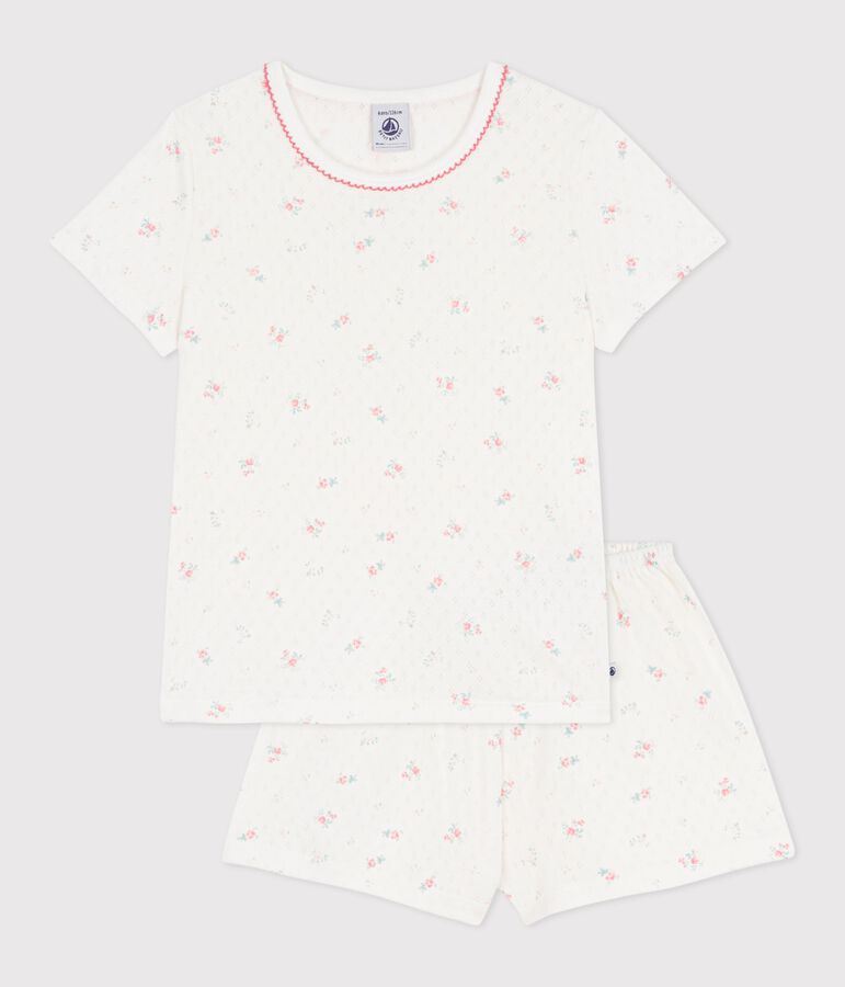 Pijama corto infantil de algod&oacute;n calado con estampado de flores blanco/multicolor