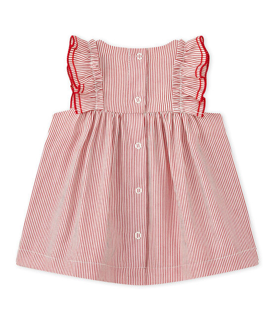 Vestido para bebé en popelina a rayas blanco LAIT/rojo TERKUIT