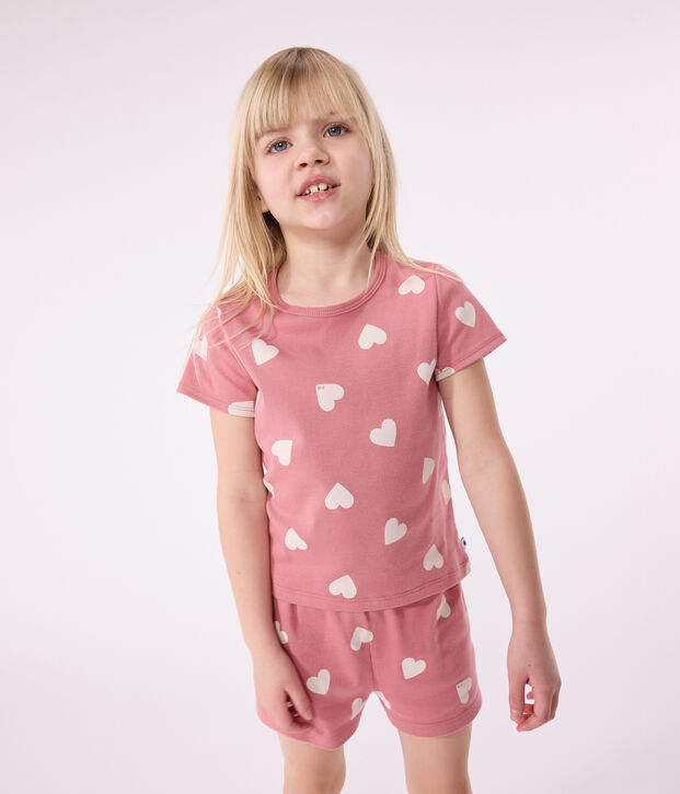 Pijama corto infantil de algod&oacute;n con corazones rosa/blanco