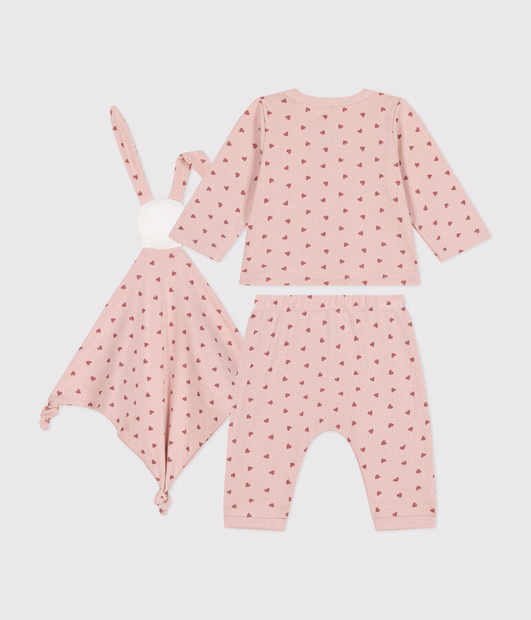 Estuche con conjunto de c&aacute;rdigan, pantal&oacute;n y doudou de algod&oacute;n para beb&eacute; rosa/rosa