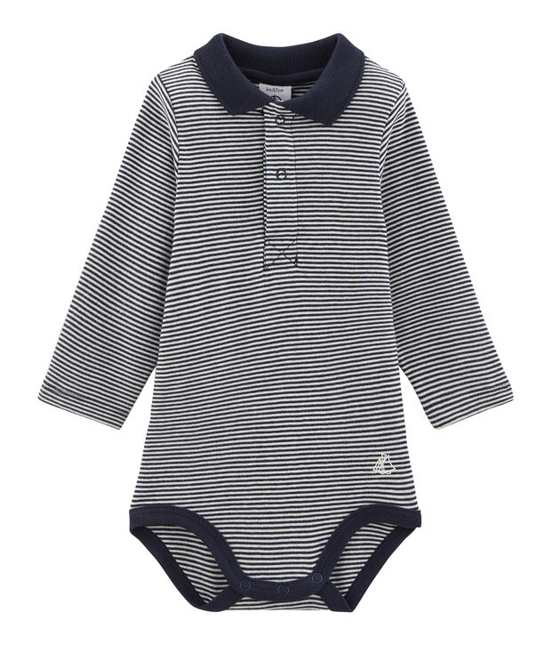 Body de manga larga con cuello de polo para beb&eacute; ni&ntilde;o azul/blanco