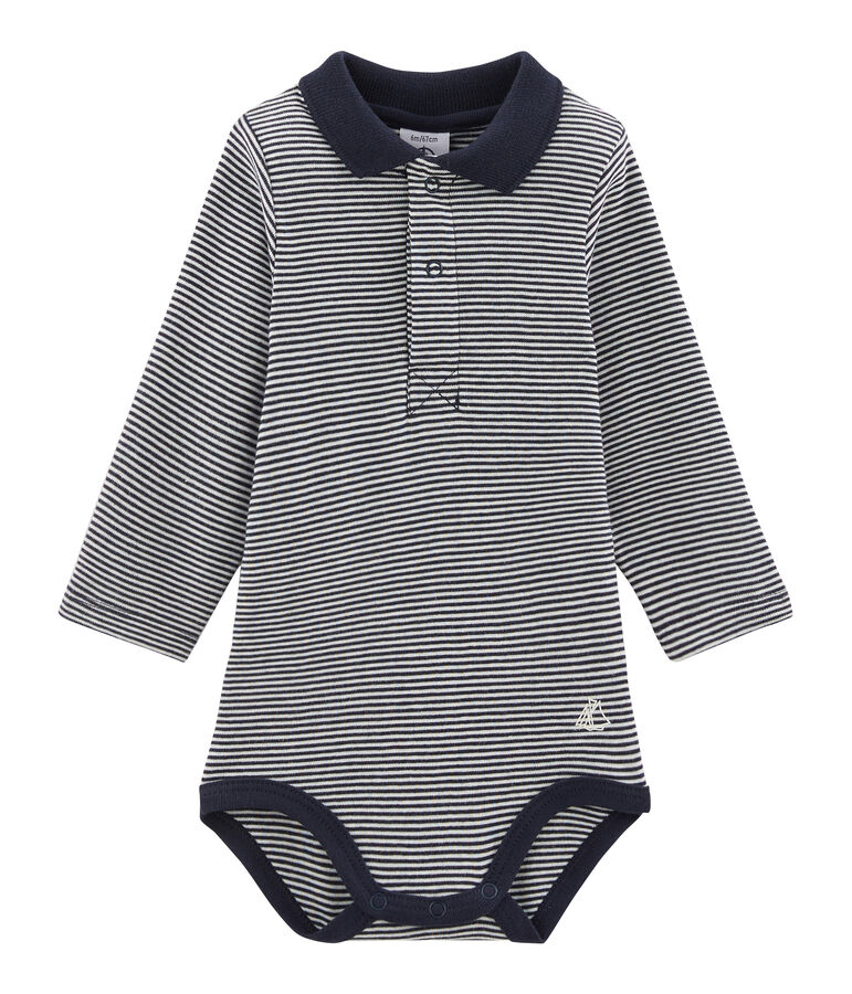 Body de manga larga con cuello de polo para beb&eacute; ni&ntilde;o azul SMOKING/blanco LAIT