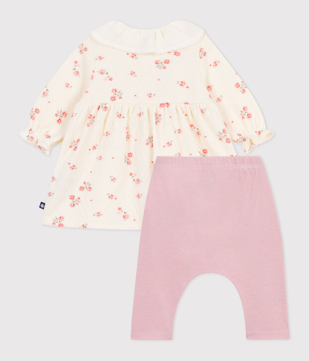 Vestido con cuello con estampado de flores y leggings de algod&oacute;n para beb&eacute; crudo/multicolor