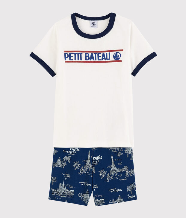 Pijama corto de tela de Jouy Par&iacute;s de algod&oacute;n de ni&ntilde;o azul/multicolor