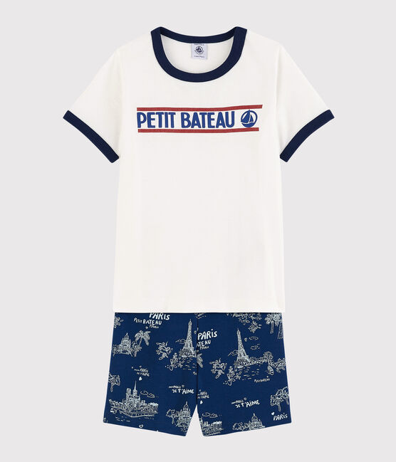 Pijama corto de tela de Jouy París de algodón de niño azul MEDIEVAL/blanco MULTICO