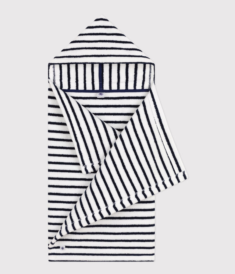 Capa de ba&ntilde;o a rayas de rizo de beb&eacute; blanco LAIT/azul MEDIEVAL