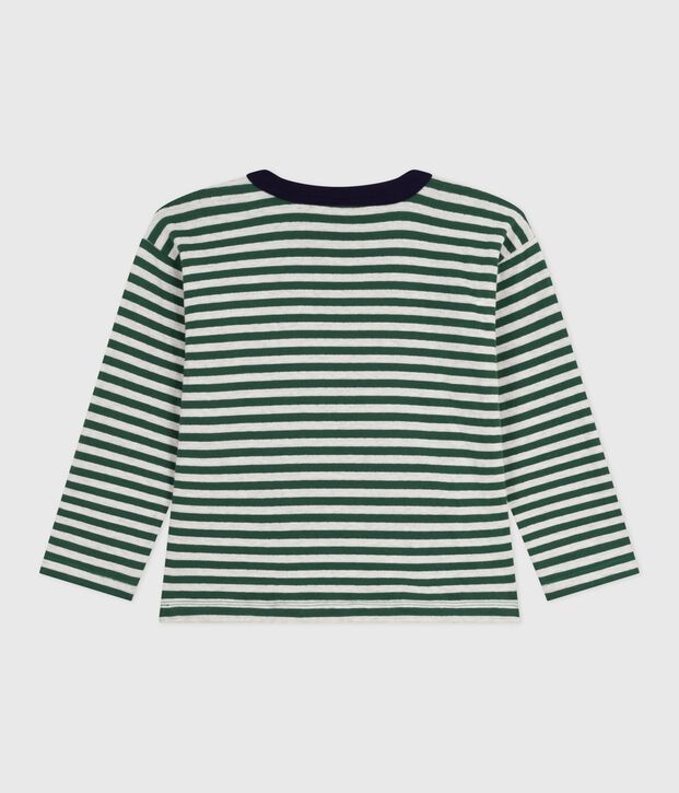 Camiseta infantil de algod&oacute;n de manga larga a rayas verde/beige/verde