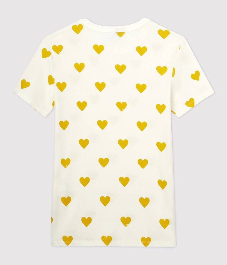Camiseta de cuello redondo con corazones de algod&oacute;n de mujer blanco/amarillo