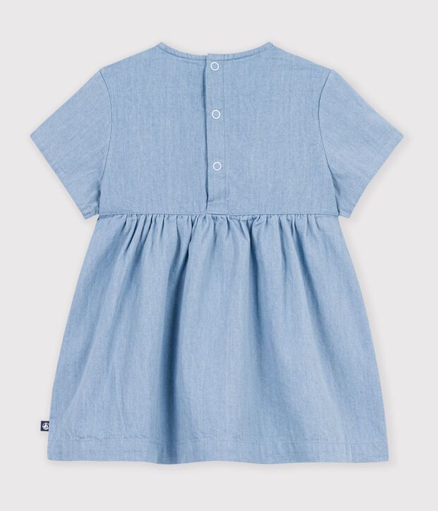 Vestido de beb&eacute; de chambray de manga corta bordado con corazones. azul
