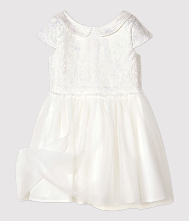 Vestido de celebraci&oacute;n de jacquard y tul de ni&ntilde;a blanco