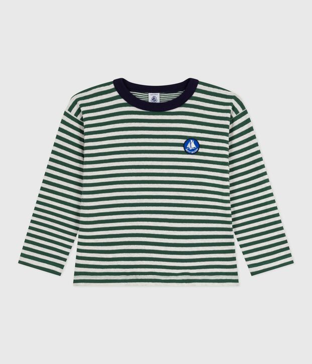 Camiseta infantil de algod&oacute;n de manga larga a rayas verde/beige/verde