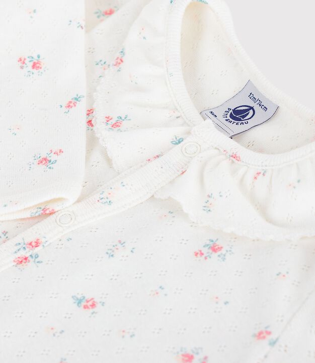 Pijama sin pies de algod&oacute;n calado con cuello estampado de flores para beb&eacute; blanco/multicolor