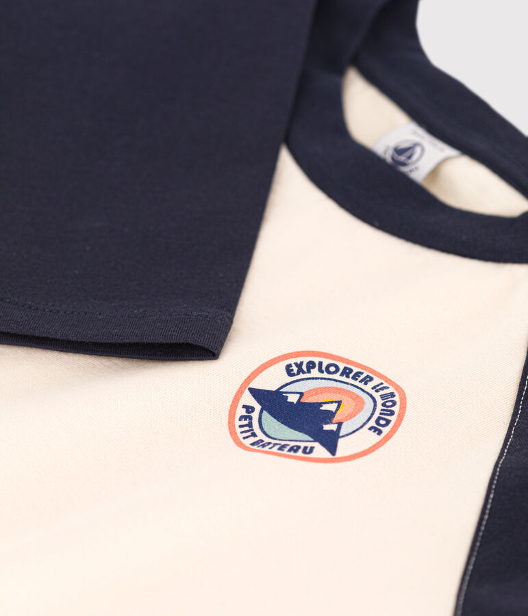 Camiseta de algod&oacute;n de manga larga de ni&ntilde;o crudo/azul