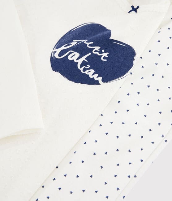 Pijama mini de corazones de niña de punto blanco MARSHMALLOW/azul MEDIEVAL
