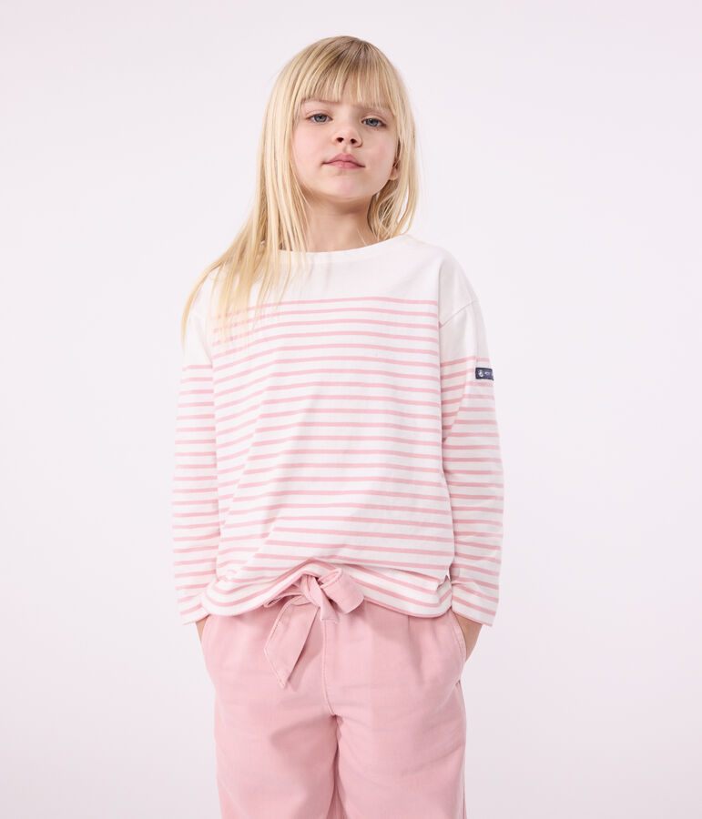Camiseta marinera infantil de algod&oacute;n de manga larga blanco/rosa
