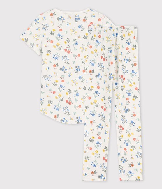 Pijama de manga corta de flores de algodón de niña blanco MARSHMALLOW/blanco MULTICO