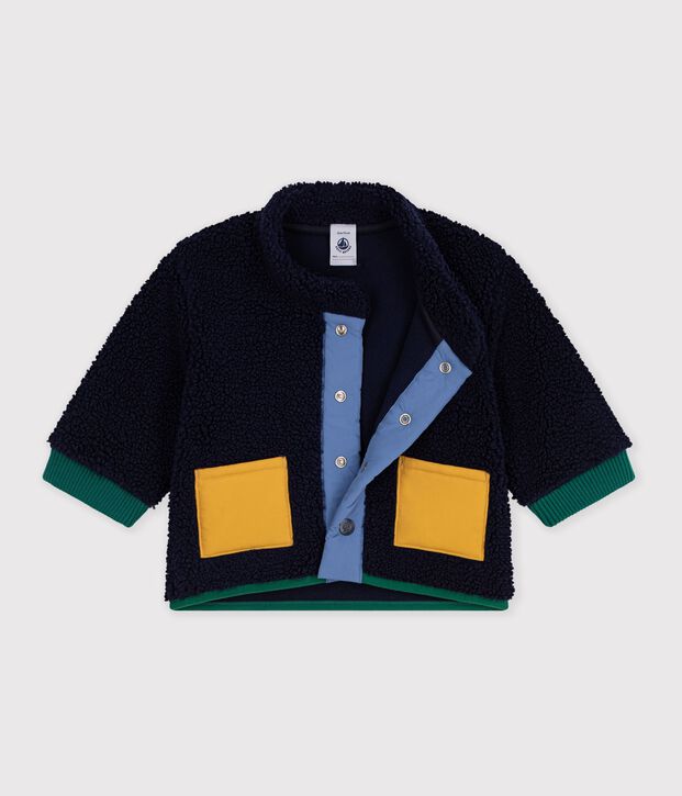 Abrigo liso enguatado de borreguito para beb&eacute; azul/multicolor
