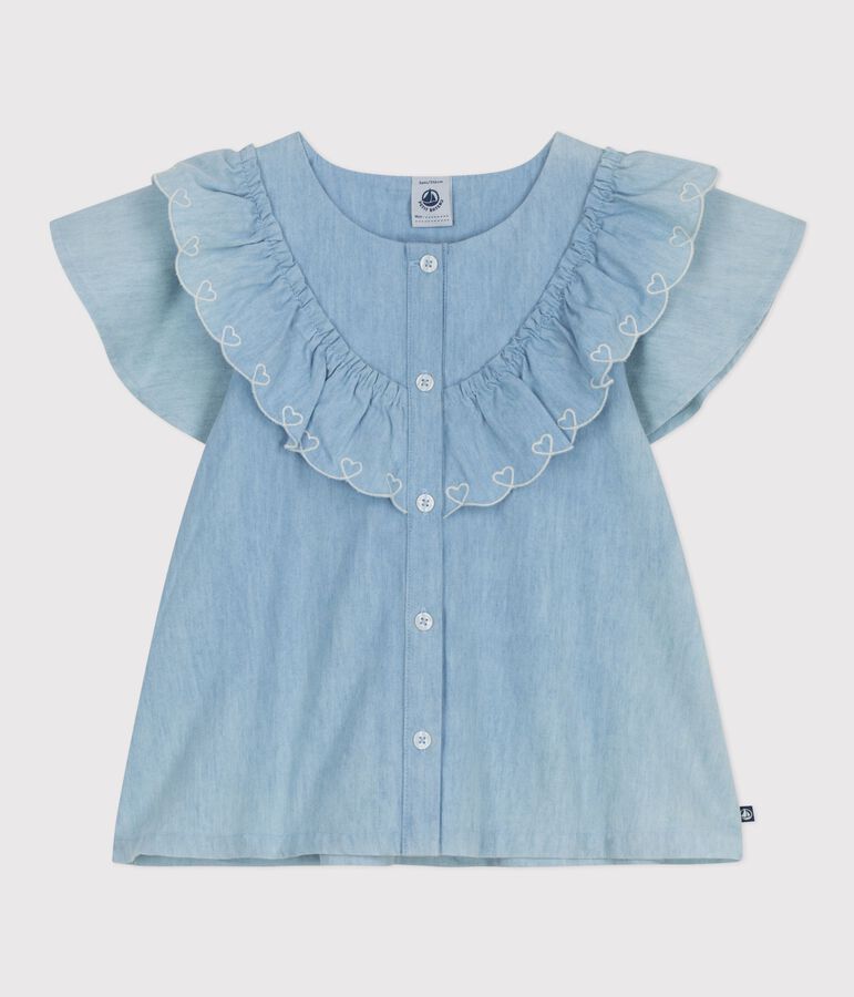Blusa infantil lisa de manga corta de algod&oacute;n azul BLEU CLAIR