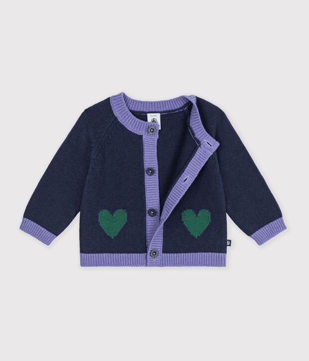 C&aacute;rdigan de punto tricotado de lana y algod&oacute;n con estampados jacquard de corazones para beb&eacute; azul/multicolor
