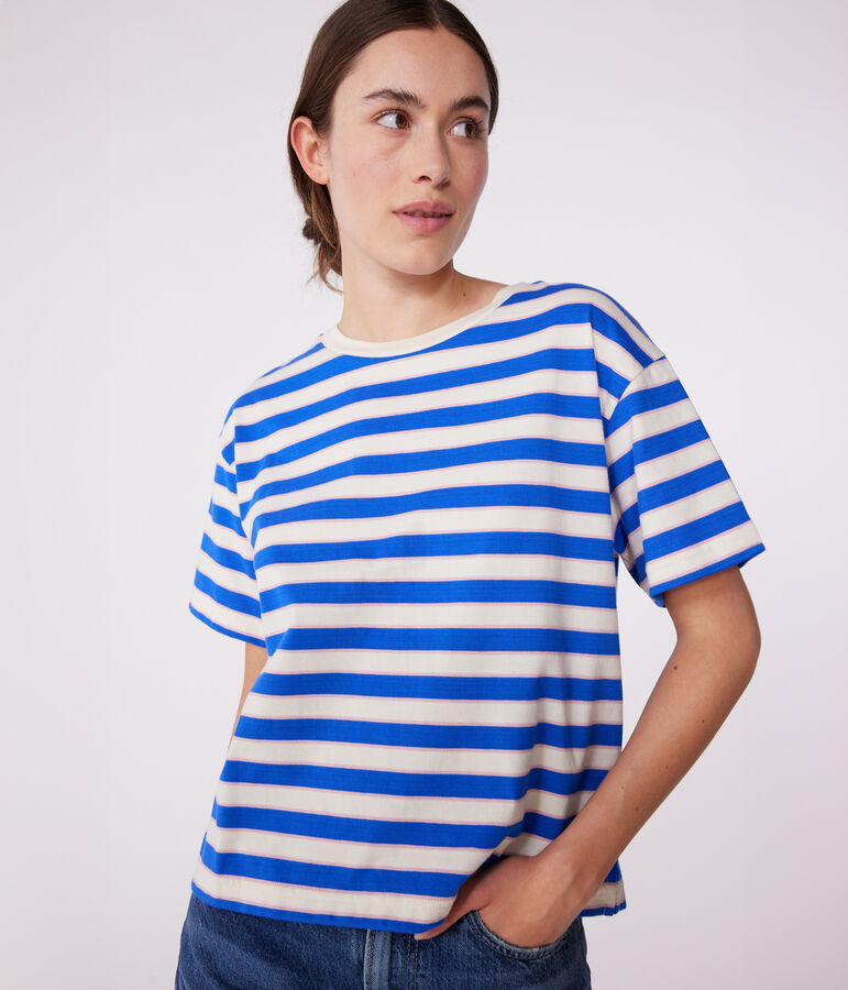 Camiseta Boxy de algod&oacute;n a rayas para mujer crudo/multicolor