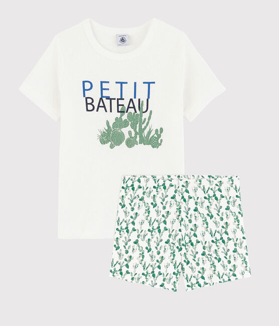 Pijama corto de cactus de algodón y lino de niño blanco MARSHMALLOW/blanco MULTICO