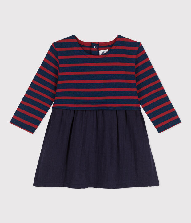 Vestido bimaterial de manga larga de beb&eacute; azul/azul