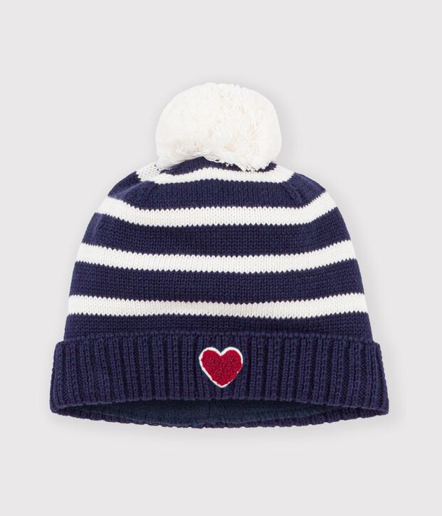 Gorro de punto tricotado a rayas con forro polar para beb&eacute; azul/crudo