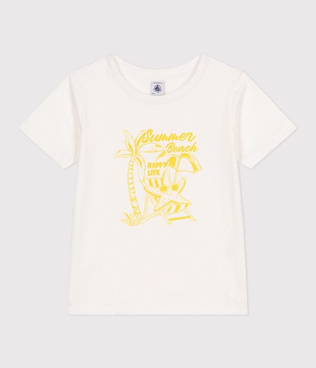 Camiseta infantil de manga corta de algod&oacute;n con estampado blanco/amarillo