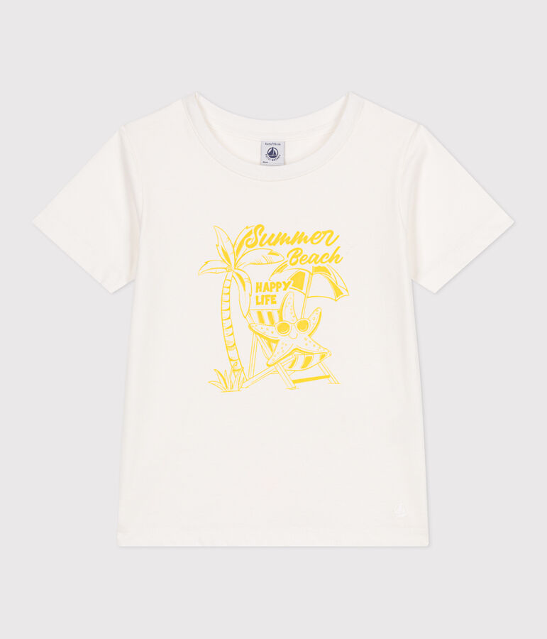 Camiseta infantil de manga corta de algod&oacute;n con estampado blanco/amarillo
