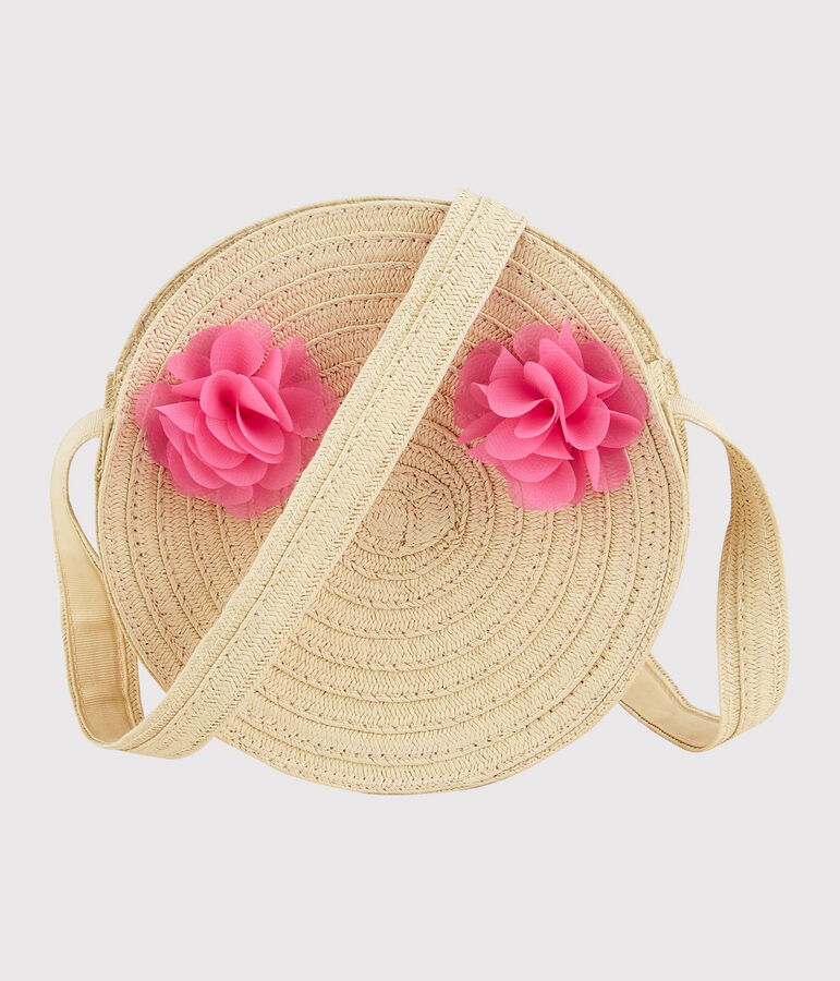 Bolso redondo de paja de bandolera de ni&ntilde;a rosa