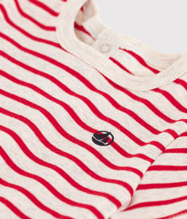 Camiseta de manga corta de algod&oacute;n a rayas para beb&eacute; beige/rojo